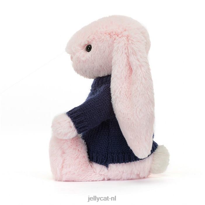 Jellycat verlegen roze konijntje met gepersonaliseerde marineblauwe trui babyroze NJJ68398 speelgoed-