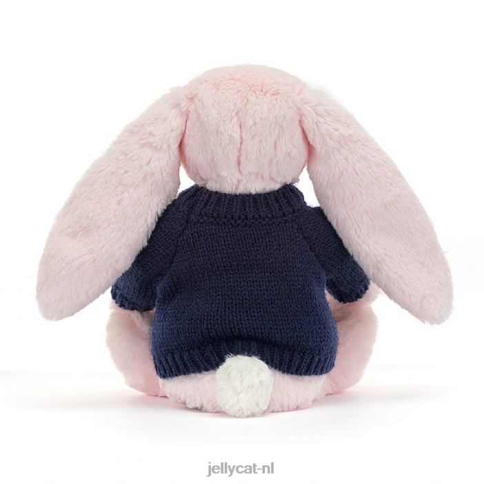 Jellycat verlegen roze konijntje met gepersonaliseerde marineblauwe trui babyroze NJJ68398 speelgoed-