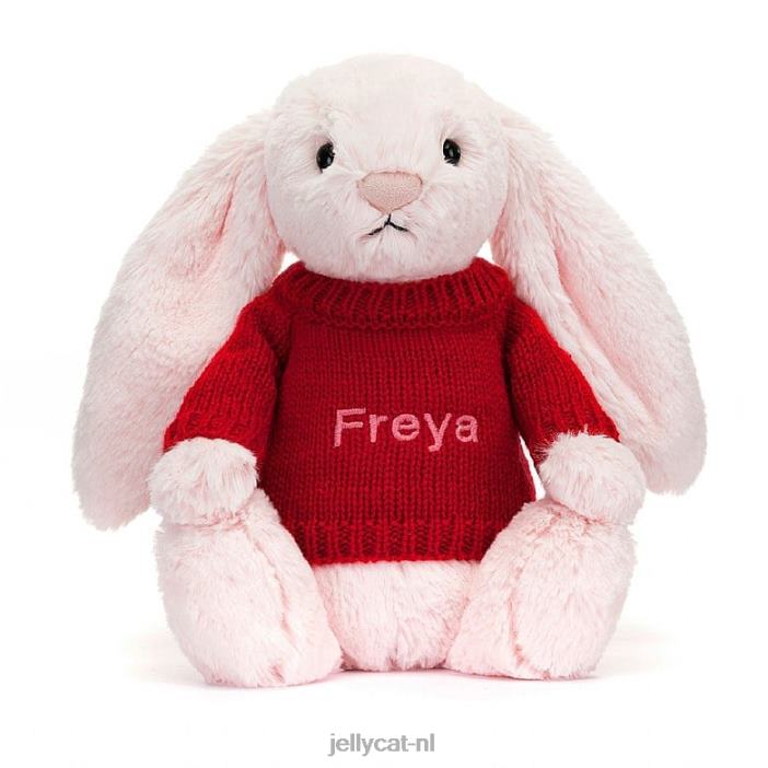 Jellycat verlegen roze konijntje met gepersonaliseerde rode trui babyroze NJJ68172 speelgoed-