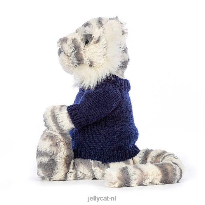 Jellycat verlegen sneeuwtijger met gepersonaliseerde marineblauwe trui grijs en wit NJJ68579 speelgoed-