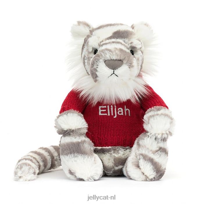 Jellycat verlegen sneeuwtijger met gepersonaliseerde rode trui grijs en wit NJJ68581 speelgoed-