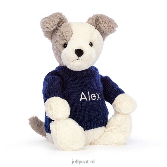 Jellycat verlegen terriër met gepersonaliseerde marineblauwe trui grijs en wit NJJ68516 speelgoed-