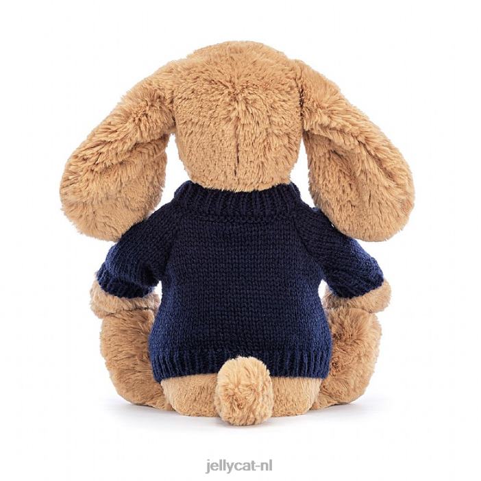 Jellycat verlegen toffee puppy met gepersonaliseerde marineblauwe trui beige NJJ68139 speelgoed-