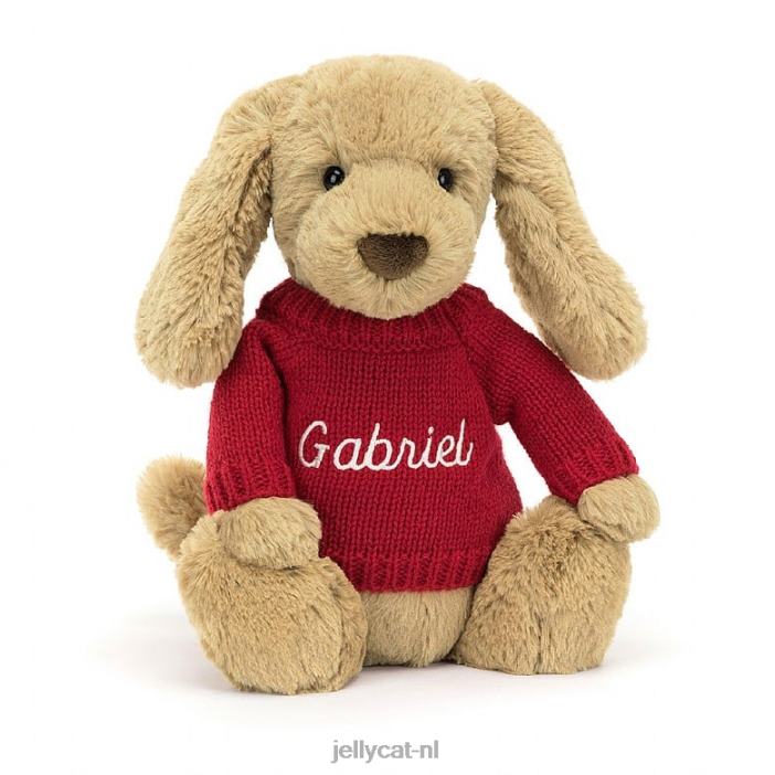 Jellycat verlegen toffee puppy met gepersonaliseerde rode trui beige NJJ68158 speelgoed-