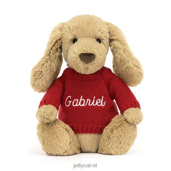 Jellycat verlegen toffee puppy met gepersonaliseerde rode trui beige NJJ68158 speelgoed-