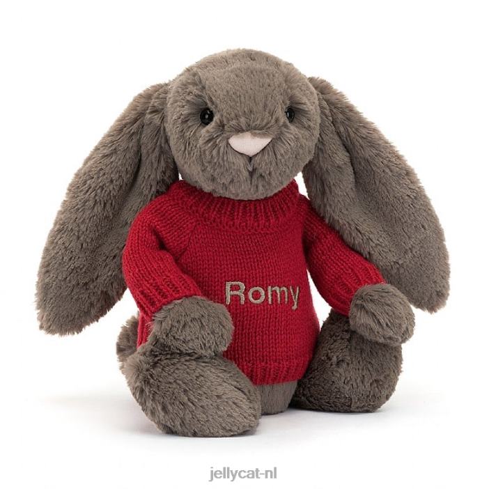 Jellycat verlegen truffelkonijntje met gepersonaliseerde rode trui bruin NJJ68270 speelgoed-