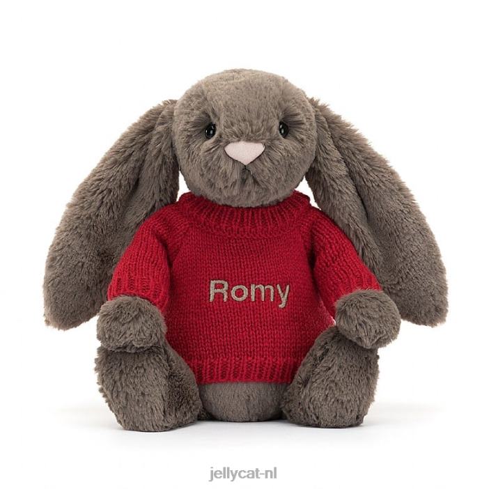 Jellycat verlegen truffelkonijntje met gepersonaliseerde rode trui bruin NJJ68270 speelgoed-