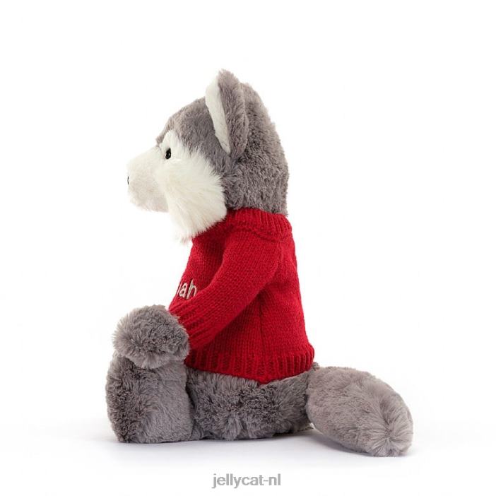 Jellycat verlegen wolf met gepersonaliseerde rode trui grijs en wit NJJ68241 speelgoed-