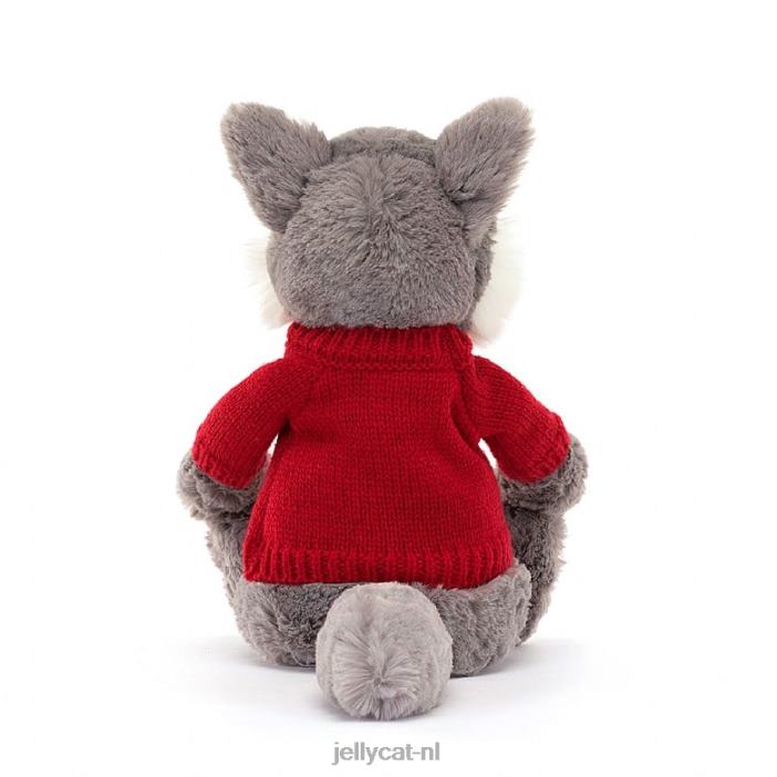 Jellycat verlegen wolf met gepersonaliseerde rode trui grijs en wit NJJ68241 speelgoed-