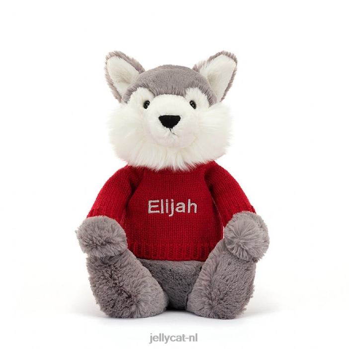 Jellycat verlegen wolf met gepersonaliseerde rode trui grijs en wit NJJ68241 speelgoed-