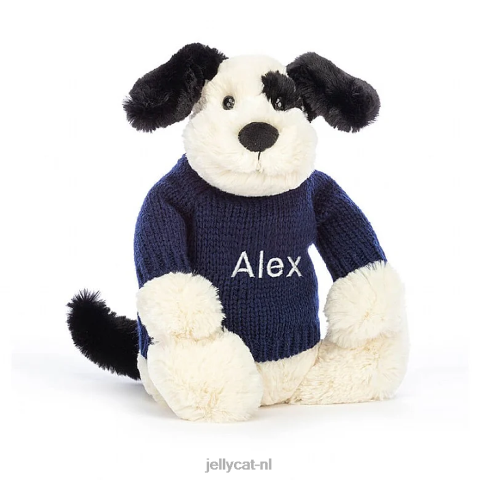 Jellycat verlegen zwart-crème puppy met gepersonaliseerde marineblauwe trui in zwart en wit NJJ68282 speelgoed-