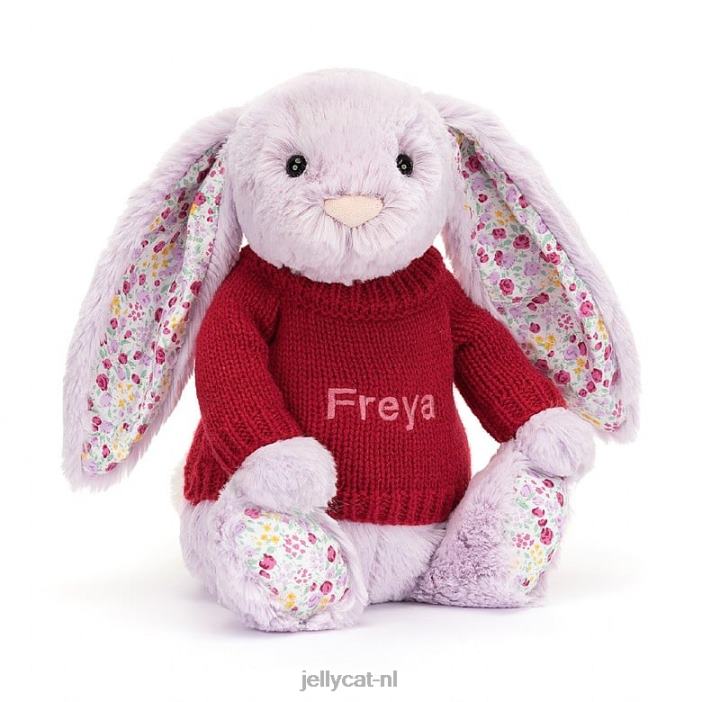 Jellycat bloesemjasmijn konijntje met gepersonaliseerde rode trui paars NJJ68399 speelgoed-