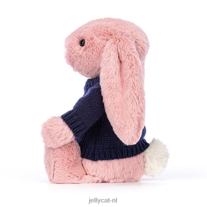 Jellycat Verlegen konijntje met bloemblaadjes en gepersonaliseerde marineblauwe trui sorbetroze NJJ68413 speelgoed-