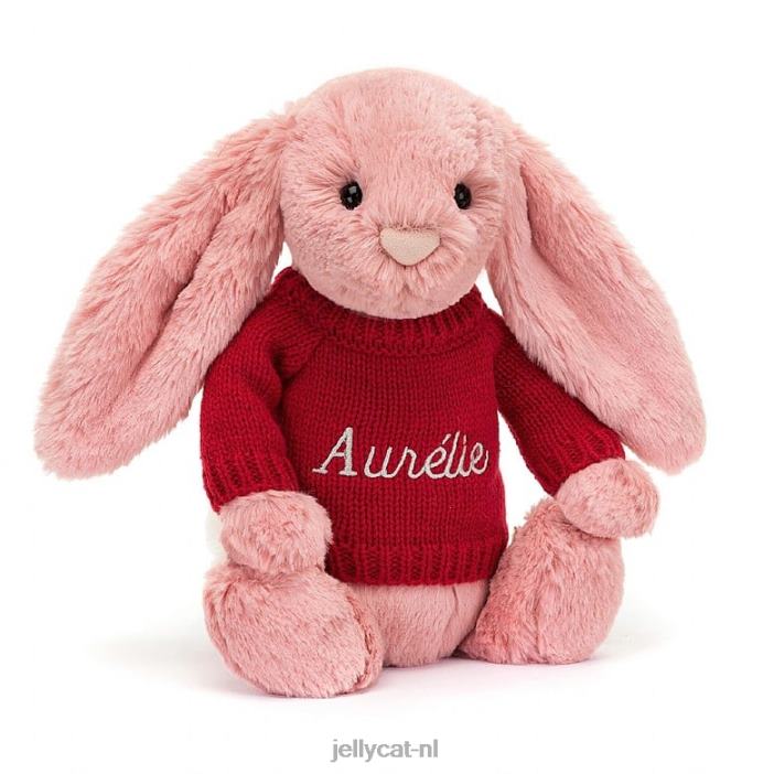 Jellycat verlegen bloemblaadjekonijntje met gepersonaliseerde rode trui sorbetroze NJJ68299 speelgoed-