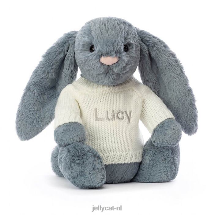 Jellycat verlegen donker konijntje met gepersonaliseerde crèmekleurige trui blauw NJJ68266 speelgoed-