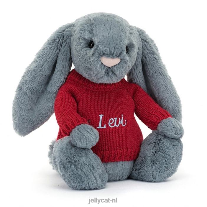 Jellycat verlegen donker konijntje met gepersonaliseerde rode trui blauw NJJ68473 speelgoed-
