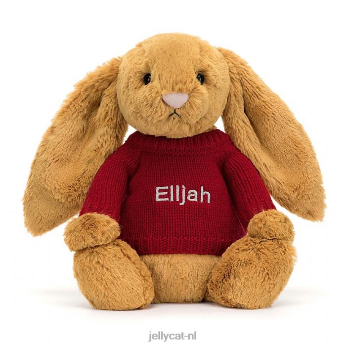 Jellycat verlegen en konijntje met gepersonaliseerde rode trui goud NJJ68333 speelgoed-