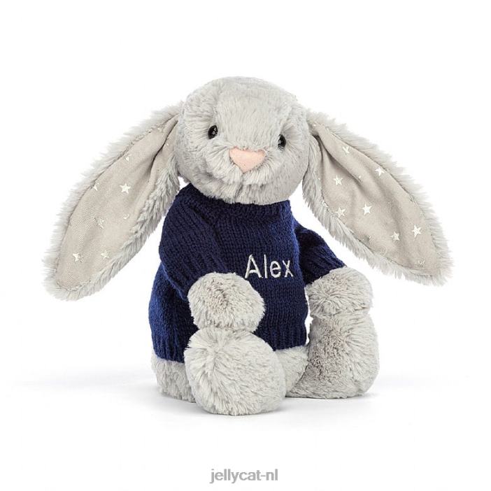 Jellycat verlegen glinsterend konijntje met gepersonaliseerde marineblauwe trui grijs NJJ68356 speelgoed-