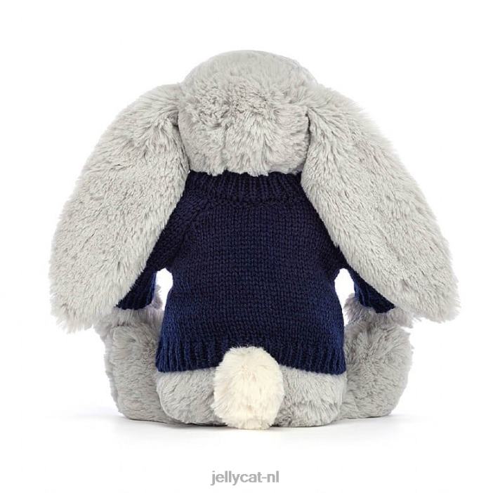 Jellycat verlegen glinsterend konijntje met gepersonaliseerde marineblauwe trui grijs NJJ68356 speelgoed-