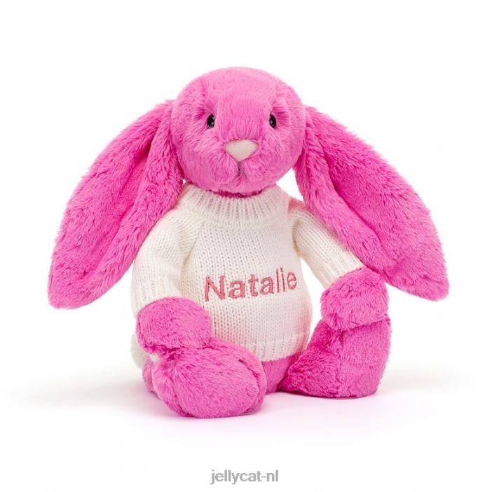 Jellycat verlegen konijntje met gepersonaliseerde crèmekleurige trui in felroze NJJ68216 speelgoed-