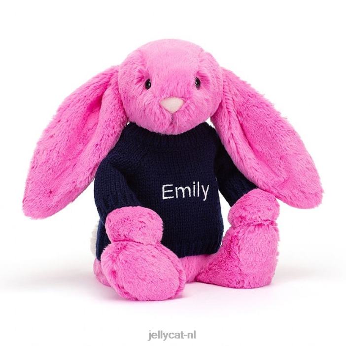 Jellycat verlegen konijntje met gepersonaliseerde marineblauwe trui in felroze NJJ68470 speelgoed-