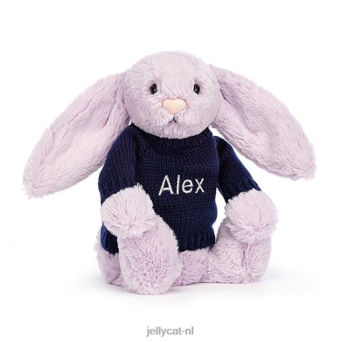 Jellycat verlegen konijntje met gepersonaliseerde marineblauwe trui lila NJJ68453 speelgoed-