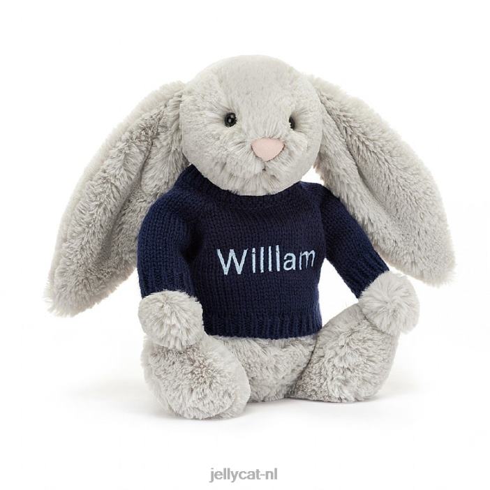 Jellycat verlegen konijntje met gepersonaliseerde marineblauwe trui zilver NJJ68345 speelgoed-