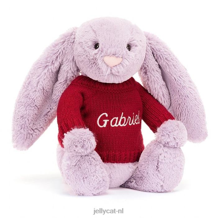 Jellycat verlegen konijntje met gepersonaliseerde rode trui lila NJJ68300 speelgoed-