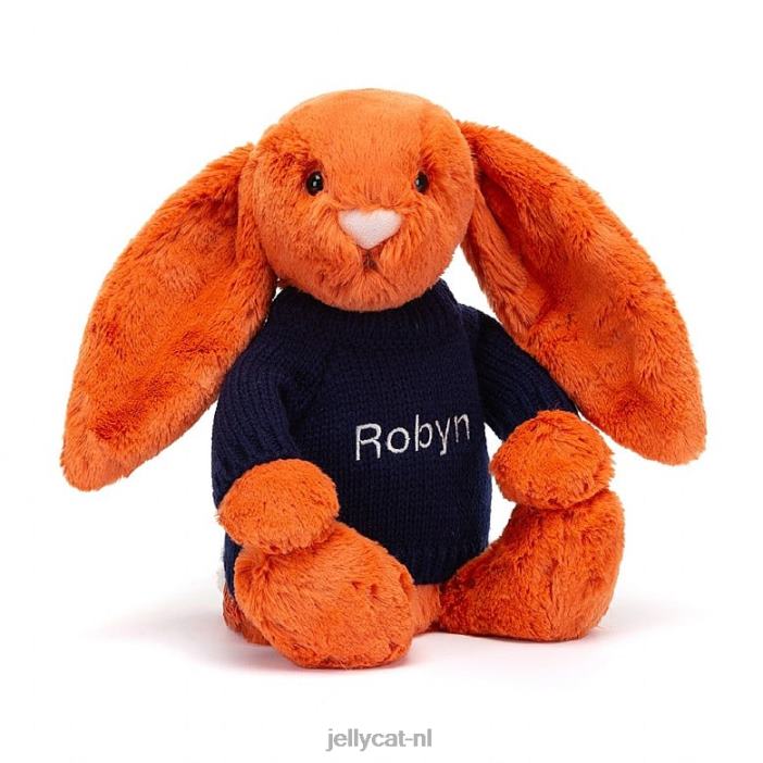 Jellycat verlegen mandarijnkonijntje met gepersonaliseerde marineblauwe trui oranje NJJ68508 speelgoed-
