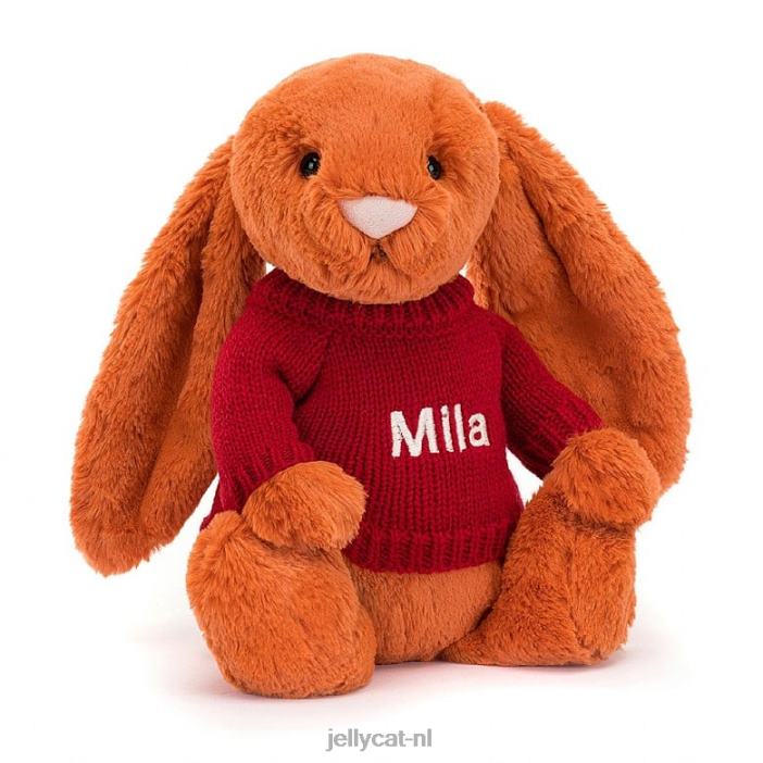 Jellycat verlegen mandarijnkonijntje met gepersonaliseerde rode trui oranje NJJ68509 speelgoed-