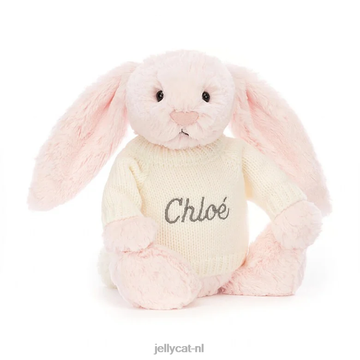 Jellycat verlegen roze konijntje met gepersonaliseerde crèmekleurige trui babyroze NJJ68159 speelgoed-