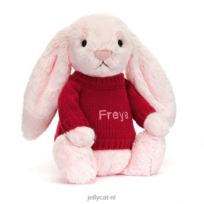 Jellycat verlegen roze konijntje met gepersonaliseerde rode trui babyroze NJJ68172 speelgoed-