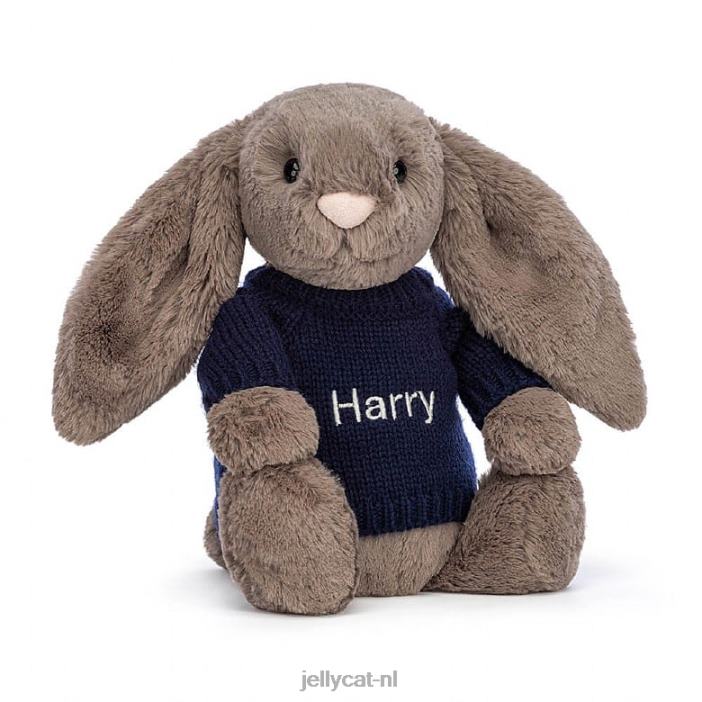 Jellycat verlegen truffelkonijntje met gepersonaliseerde marineblauwe trui bruin NJJ68373 speelgoed-