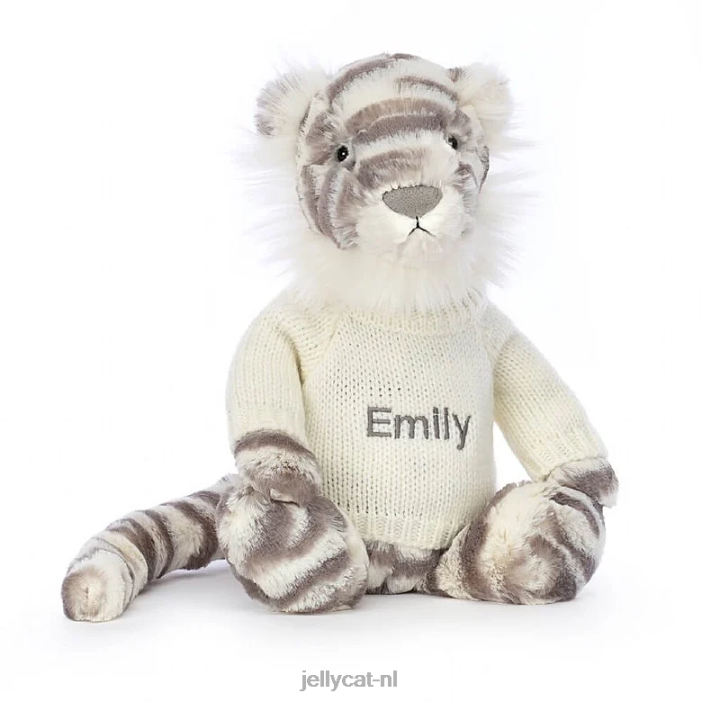 Jellycat verlegen sneeuwtijger met gepersonaliseerde crème trui grijs en wit NJJ68578 speelgoed-