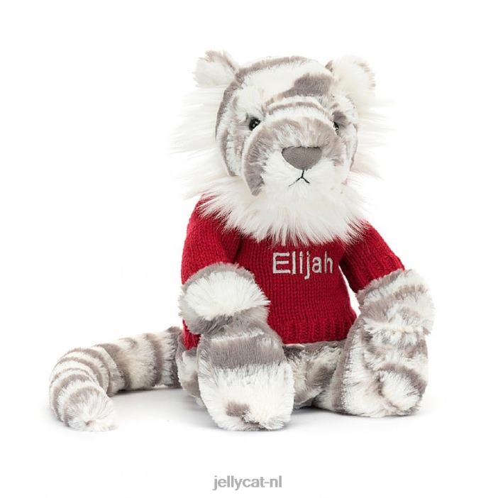 Jellycat verlegen sneeuwtijger met gepersonaliseerde rode trui grijs en wit NJJ68581 speelgoed-