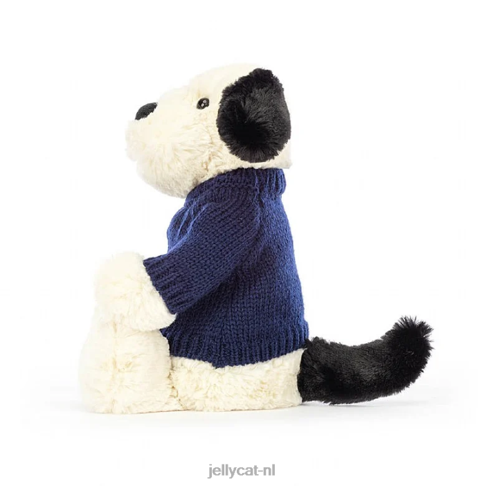 Jellycat verlegen zwart-crème puppy met gepersonaliseerde marineblauwe trui in zwart en wit NJJ68282 speelgoed-